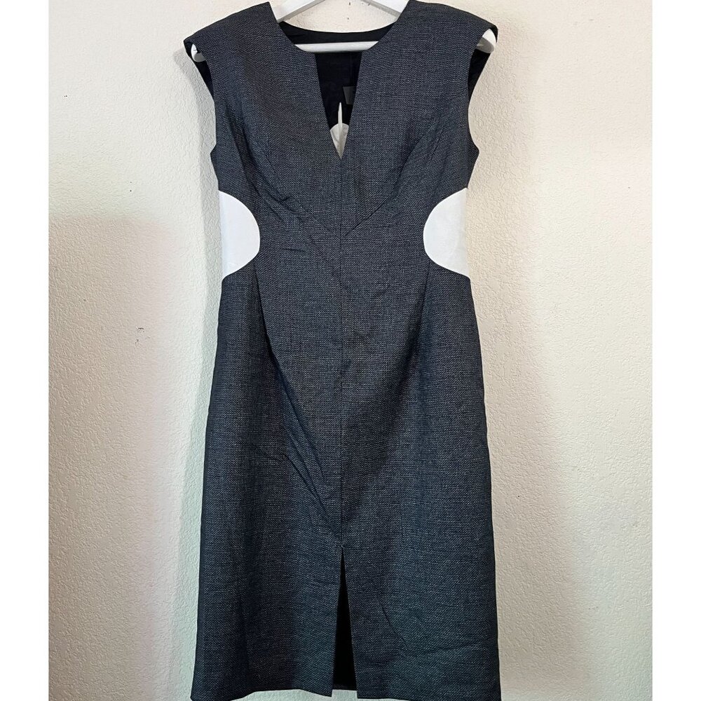 Black Halo Illusion Dress Womens Blue Tweed Leather Panel Sheath 10 Lined New